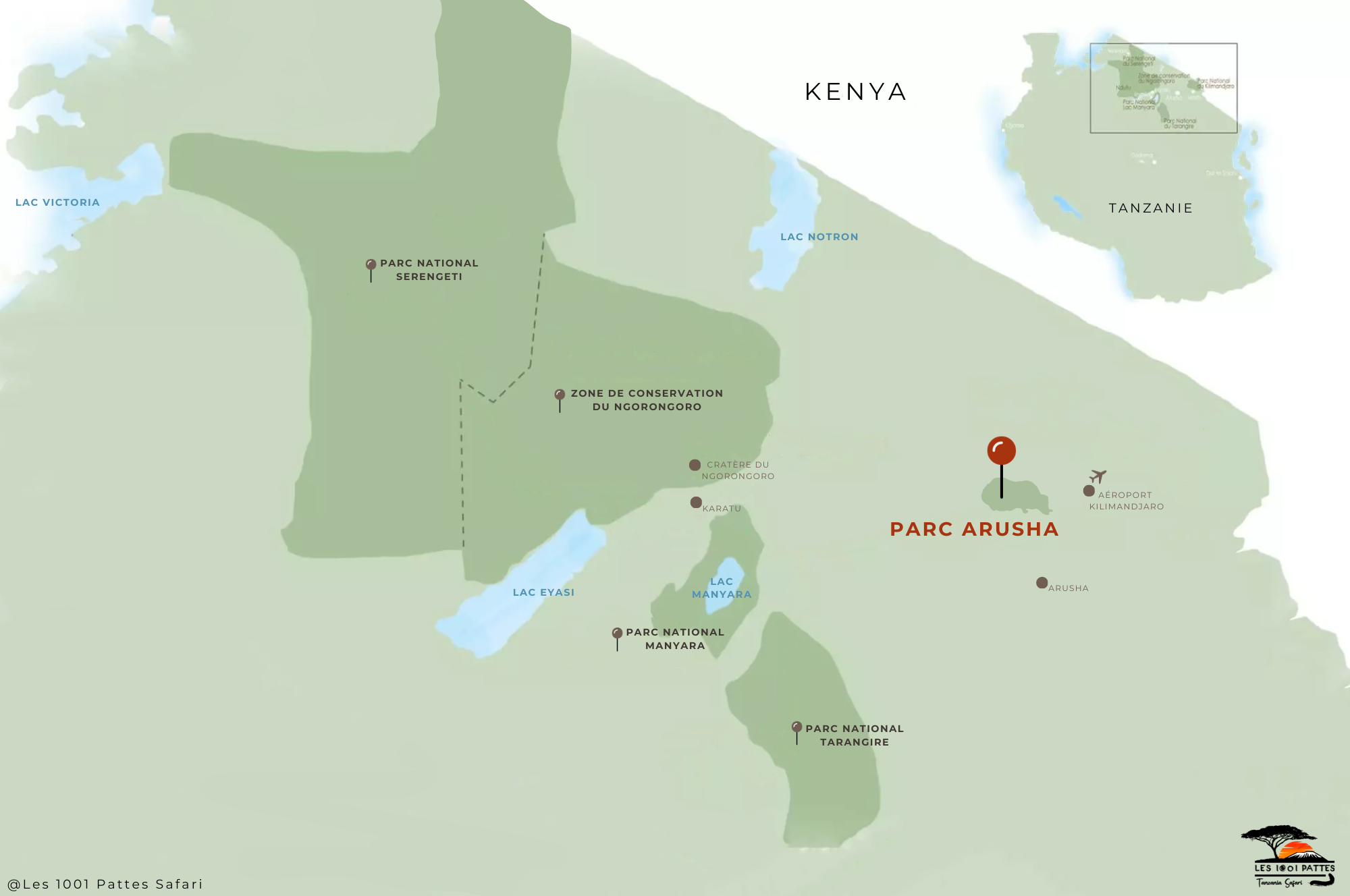 carte des parcs, plus précisément le parc national d'arusha