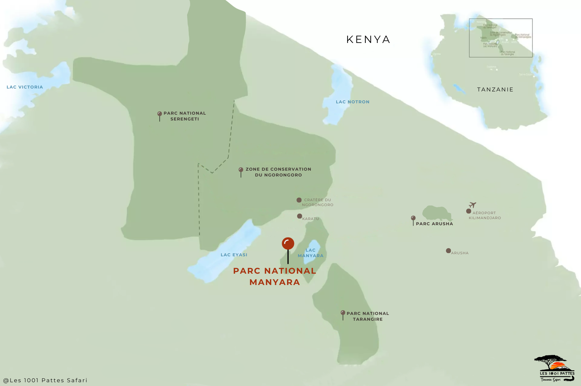 carte des parcs, plus précisément le parc du lac manyara