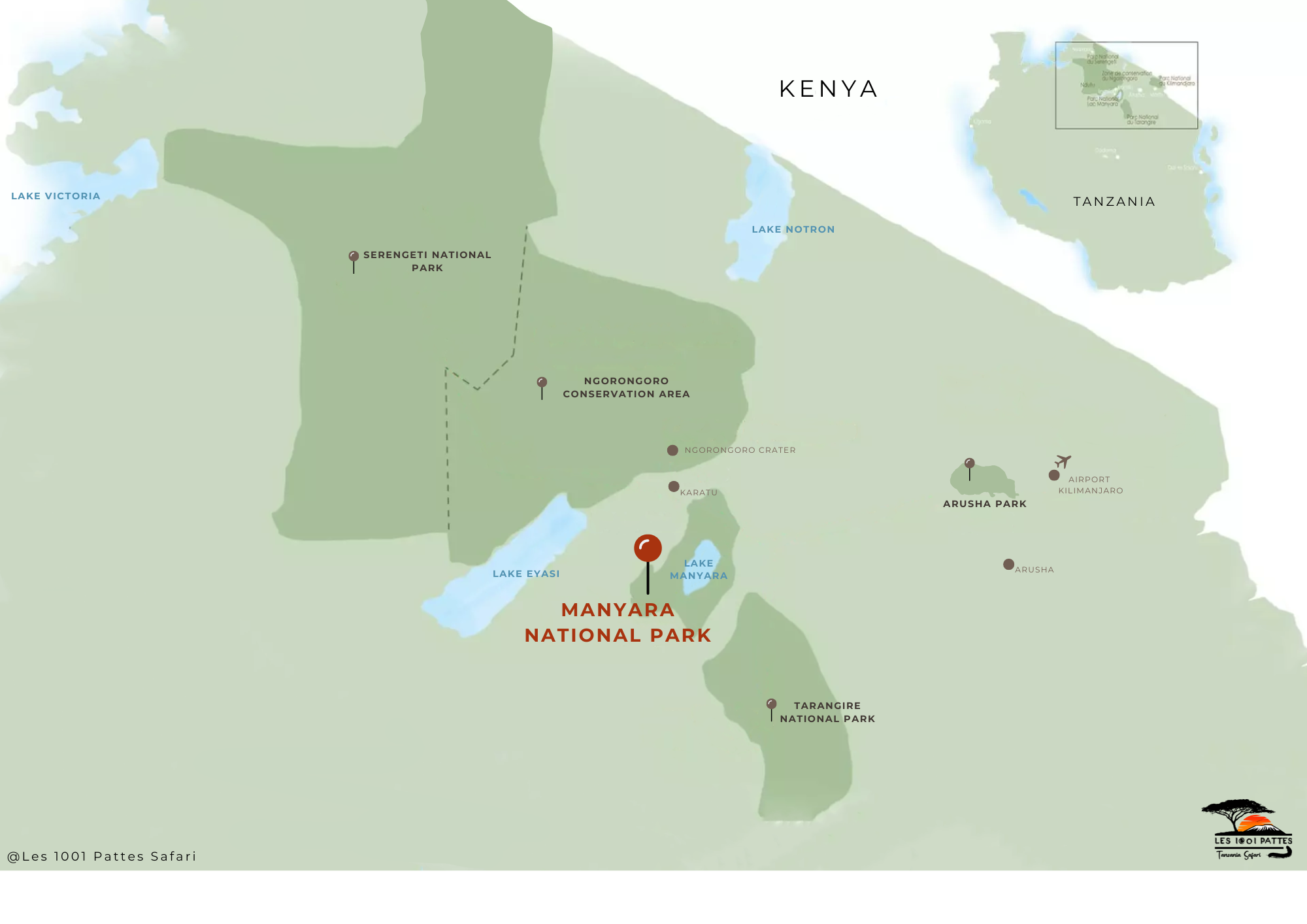 carte des parcs, plus précisément le parc du lac manyara