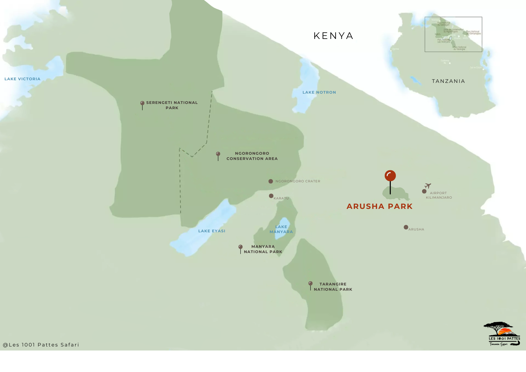 carte des parcs, plus précisément le parc national d'arusha
